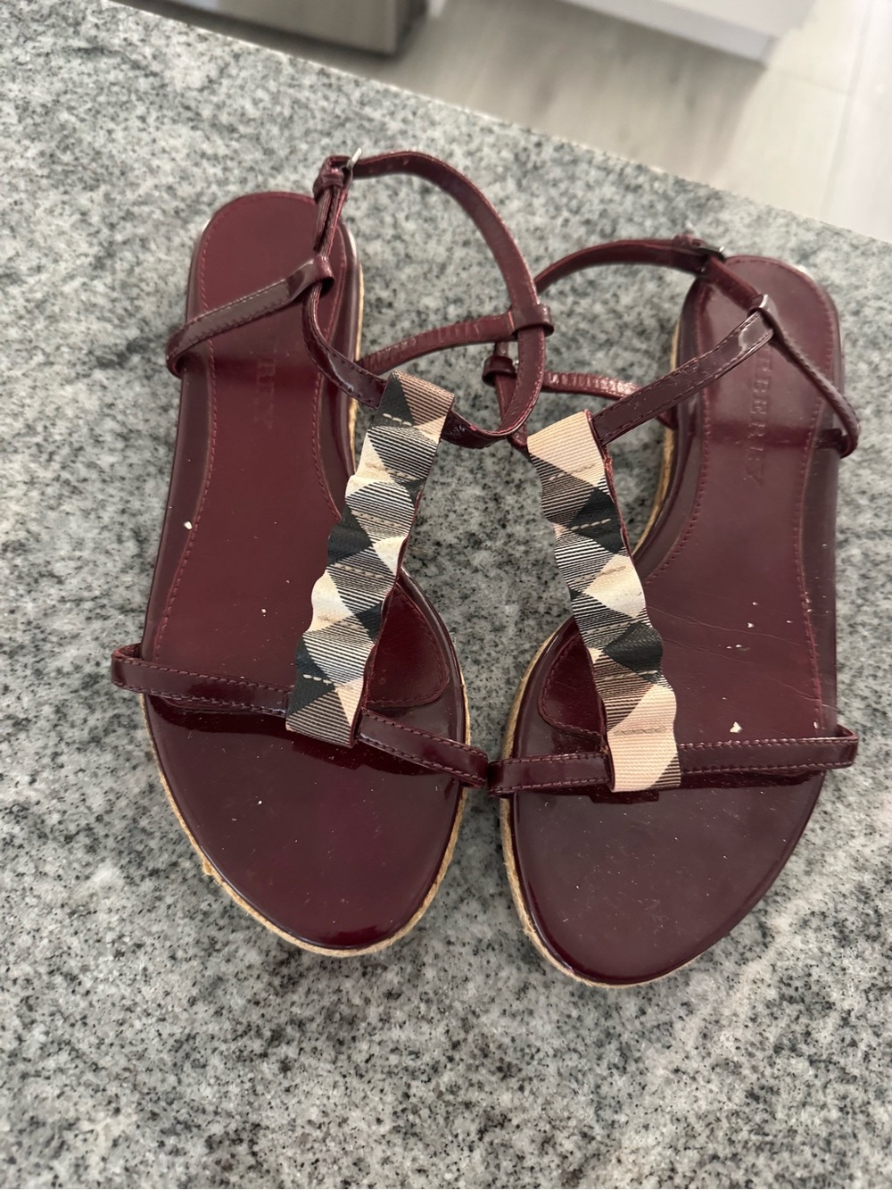 Burberry Burgundy Strappy Sandals with Signature Check Accent